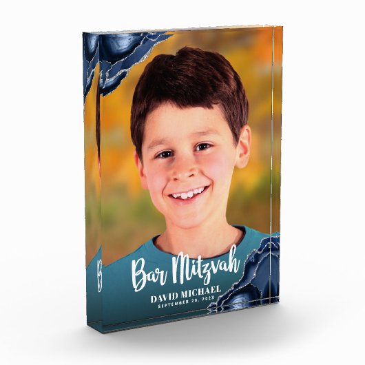 Bar Mitzvah Modern Script Navy Blue Agate Keepake Fotoblock (Links)