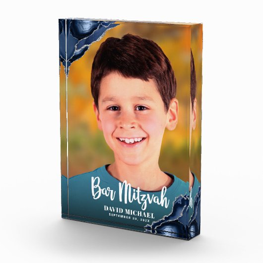 Bar Mitzvah Modern Script Navy Blue Agate Keepake Fotoblock (Rechts)