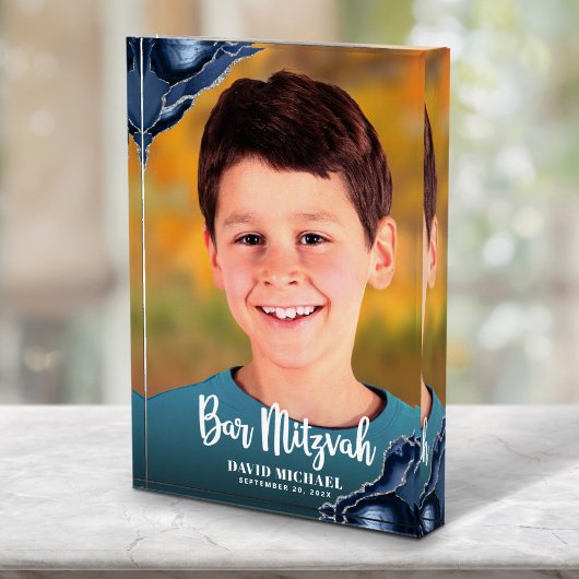 Bar Mitzvah Modern Script Navy Blue Agate Keepake Fotoblock