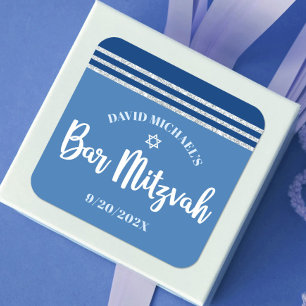 Bar Mitzvah Modern Silver Blue Tallit Fett Script Quadratischer Aufkleber