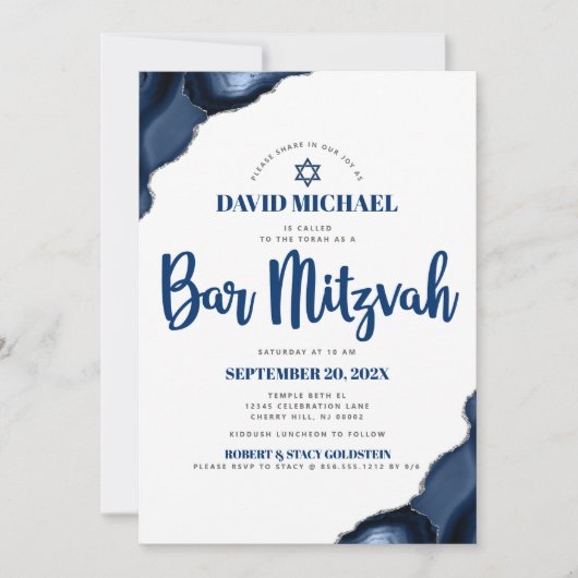 Bar Mitzvah Modern Simple Navy Blue Agate Script Einladung (Vorderseite)