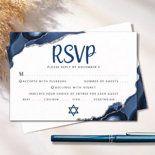 Bar Mitzvah Modern Simple Navy Blue Agate Script RSVP Karte