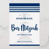 Bar Mitzvah Modern Tallit Navy Script Real Silver Folieneinladung (Vorderseite)