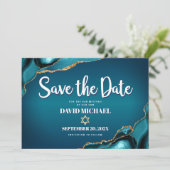 Bar Mitzvah Modern Turquoise Ombre Agate Script Save The Date (Stehend Vorderseite)