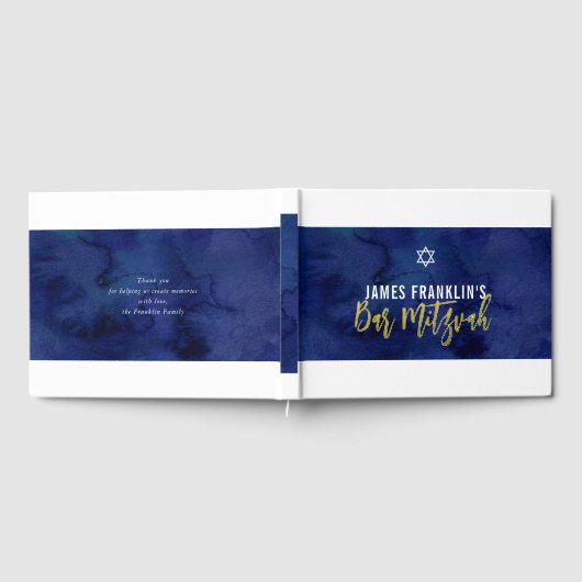 BAR MITZVAH Moderne blaue Aquarellgoldschrift Gästebuch (Voll)