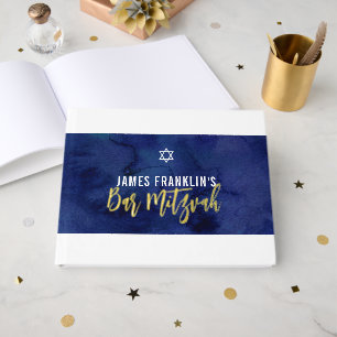 BAR MITZVAH Moderne blaue Aquarellgoldschrift Gästebuch