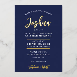 BAR MITZVAH moderne elegante Kalligrafie navy gold Folieneinladung