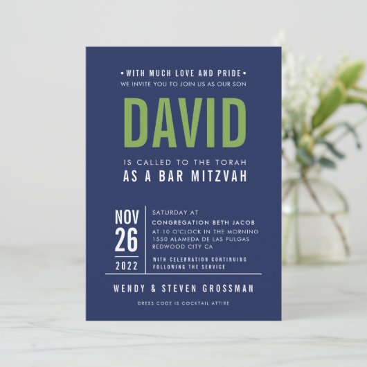 BAR MITZVAH Moderne, fette Blockmarine blau grün Einladung (Stehend Vorderseite)