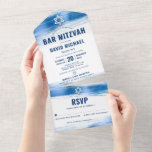 Bar Mitzvah Moderne fette Navy Typografie Blue Foi All In One Einladung<br><div class="desc">Seien Sie stolz, freuen Sie sich und präsentieren Sie diesen Meilenstein Ihres Lieblings-Bar Mitzvah! Versenden Sie diese coole, einzigartige, moderne, maßgeschneiderte All-in-One-Einladung für eine Veranstaltung, an die Sie sich erinnern können. Metallische, hellblaue Pinselstriche aus der Folie, gewagte, marineblaue Typografie und Star of David überlagern einen einfachen, weißen Hintergrund. Dieses All-in-One-Produkt...</div>