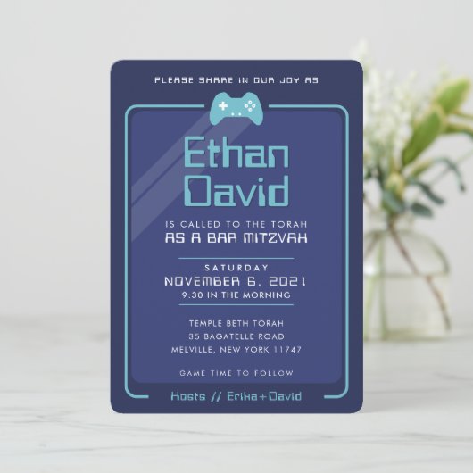 BAR MITZVAH Moderne Gaming-Kontrollen wasserblau Einladung (Stehend Vorderseite)