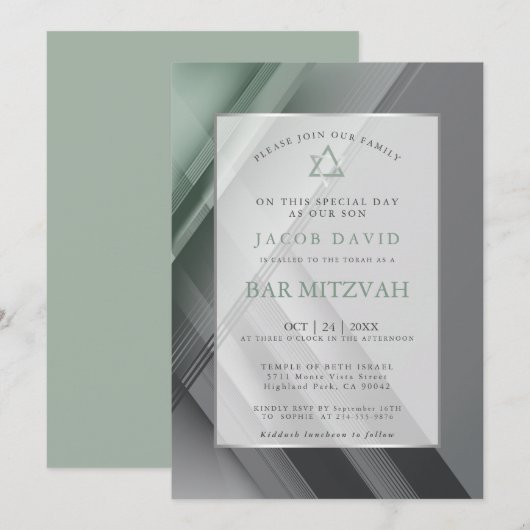 Bar Mitzvah Moderne geometrische grüne Holzkohle Einladung (Vorne/Hinten)