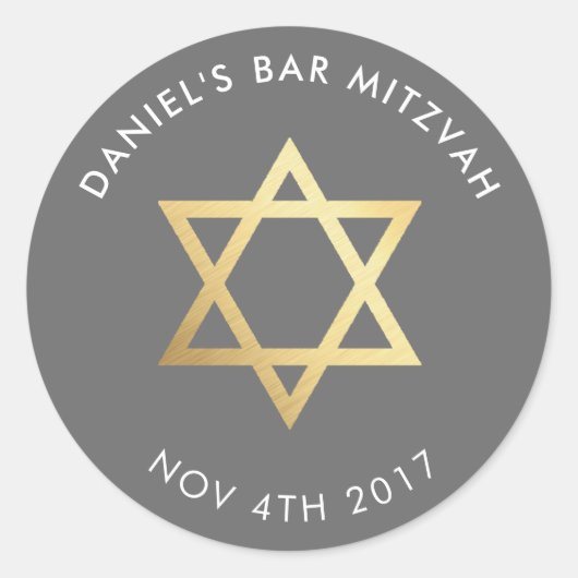 Bar Mitzvah Moderne Grau + Goldstar der david Runder Aufkleber (Vorderseite)