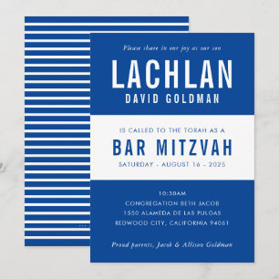 BAR MITZVAH Moderne Minimaltypografie, blau Einladung