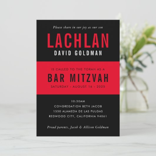 BAR MITZVAH Moderne Minimaltypografie schwarz rot Einladung (Stehend Vorderseite)
