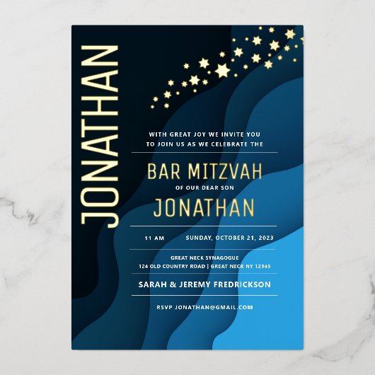Bar Mitzvah Moderne Navy Waves Echt GOLD Foil Folieneinladung (Vorderseite)
