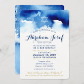 BAR MITZVAH Moderne Stern hebrew blaue Wasserfarbe Einladung (Vorne/Hinten)