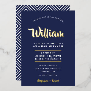 BAR MITZVAH moderne Typografie Kalligrafie navy Folieneinladung
