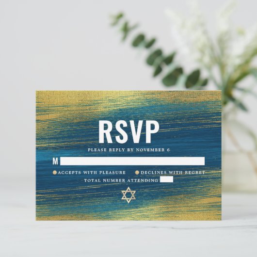 Bar Mitzvah Moderne Typografie Türkis Goldfolie RSVP Karte (Stehend Vorderseite)