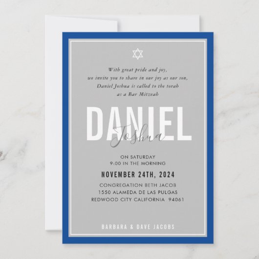 BAR MITZVAH Moderner athletischer Junge fett blau Einladung (Vorderseite)