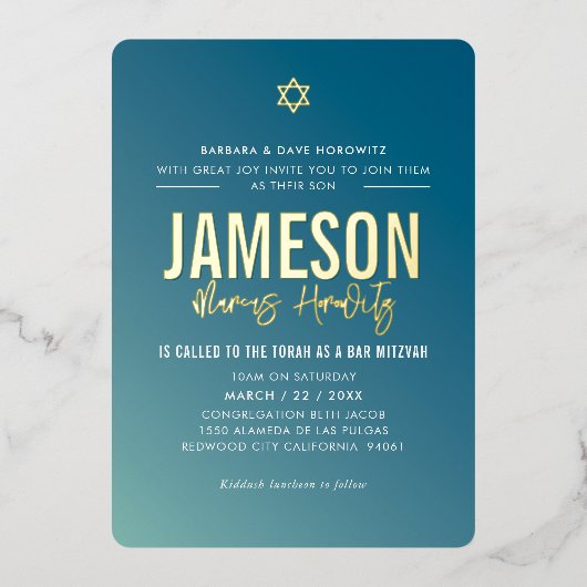 BAR MITZVAH Moderner, blauer Pfefferminzverlauf Folieneinladung (Vorderseite)