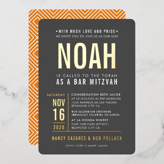 BAR MITZVAH Moderner Fettblock Grauorange Folieneinladung (Vorderseite/Rückseite)