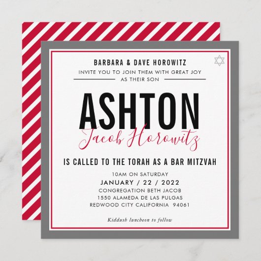 BAR MITZVAH Moderner maskulinarischer Schwarzsport Einladung (Vorne/Hinten)