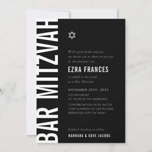 BAR MITZVAH Moderner Minimaler Junge Schwarz-weiß Einladung (Vorderseite)
