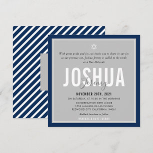 BAR MITZVAH moderner Name QRCODE grau navyblau Einladung