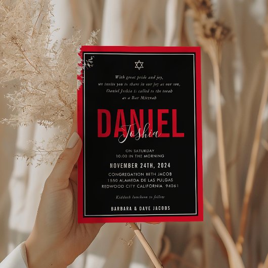BAR MITZVAH Moderner Sportler fett rot schwarz Einladung
