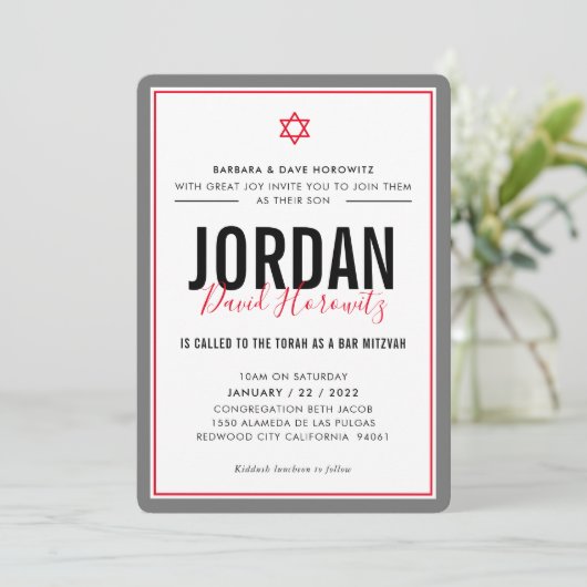 BAR MITZVAH Moderner Star Junge Rot Einladung (Stehend Vorderseite)
