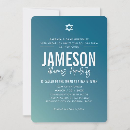 BAR MITZVAH Moderner Stern Dunkelblauer Pfeffermin Einladung (Vorderseite)