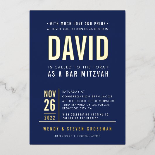 BAR MITZVAH Modernes, fett gefaltetes Blockgold Folieneinladung (Vorderseite)