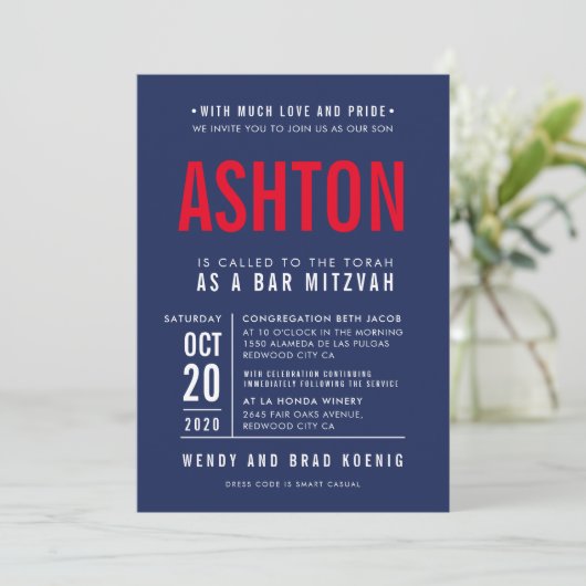 BAR MITZVAH Modernes, fett gefaltetes Blockmarineb Einladung (Stehend Vorderseite)