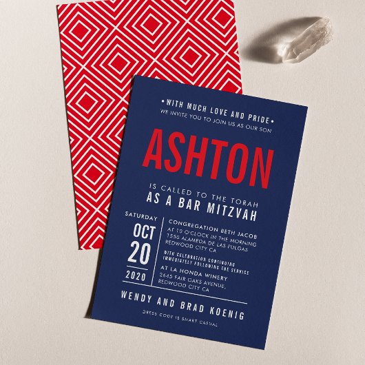 BAR MITZVAH Modernes, fett gefaltetes Blockmarineb Einladung