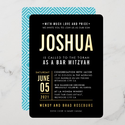 BAR MITZVAH Modernes, fett gefärbtes Blockformat s Folieneinladung (Vorderseite/Rückseite)
