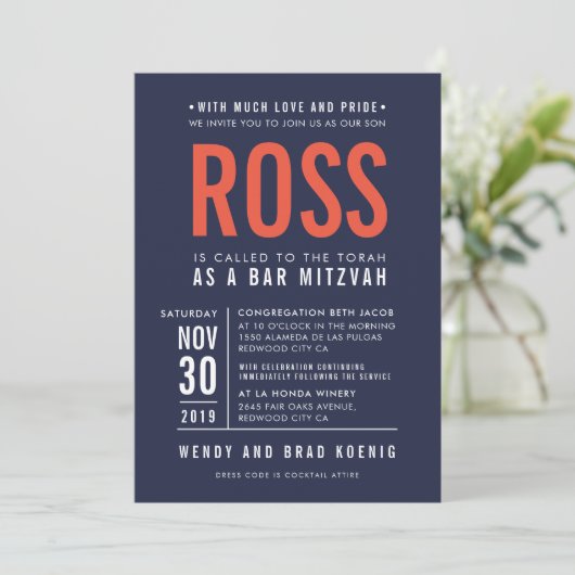 BAR MITZVAH Modernes, fett gestrichenes Blockmarin Einladung (Stehend Vorderseite)