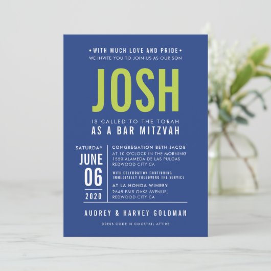 BAR MITZVAH Modernes geometrisches Königsblau Limo Einladung (Stehend Vorderseite)