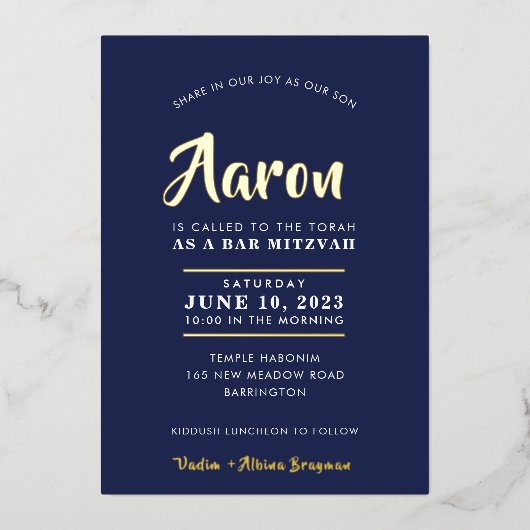 BAR MITZVAH Modernes, stilvolles Kalligrafiegrottg Folieneinladung (Vorderseite)
