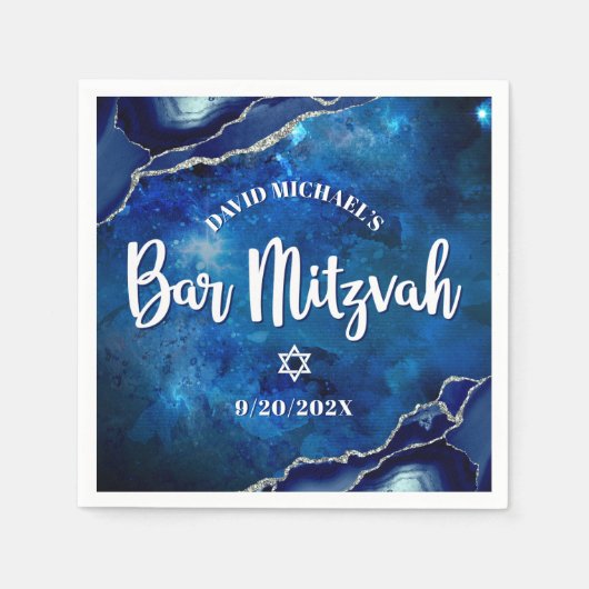 Bar Mitzvah Navy Agate Blue Galaxy Weiße Schrift Serviette (Vorderseite)
