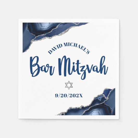 Bar Mitzvah Navy Blue Agate Skript Einfach Bold Serviette (Vorderseite)