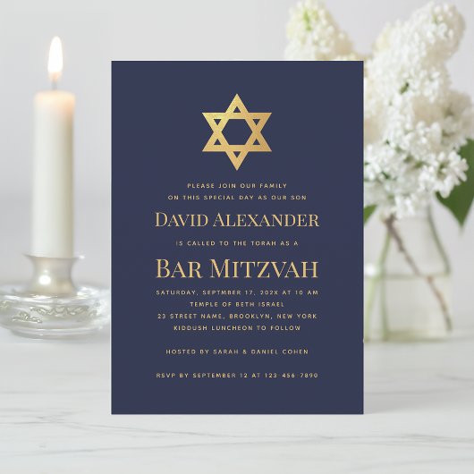Bar Mitzvah Navy Blue Faux Gold Foil Star of David Einladung