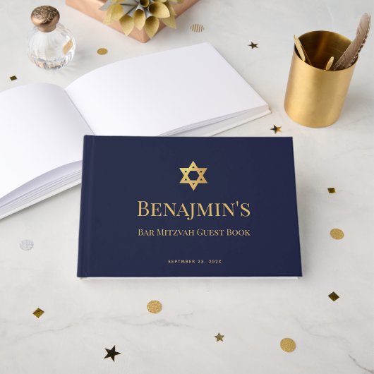 Bar Mitzvah Navy Blue Faux Gold Star of David Boy Gästebuch (Vorderseite Offen)