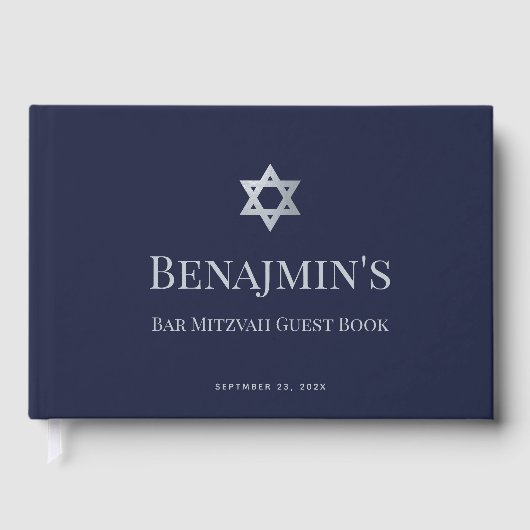 Bar Mitzvah Navy Blue Faux Silver Star of David Gästebuch (Vorderseite)