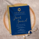 Bar Mitzvah Navy Blue Gold Script Einladung<br><div class="desc">Mit dem Namen der goldenen Skriptsignatur. Personalisieren Sie mit Ihren speziellen Bar Mitzvah-Informationen in schicken goldenen Schriften auf marineblau Hintergrund. Entwickelt von Thisisnotme©</div>