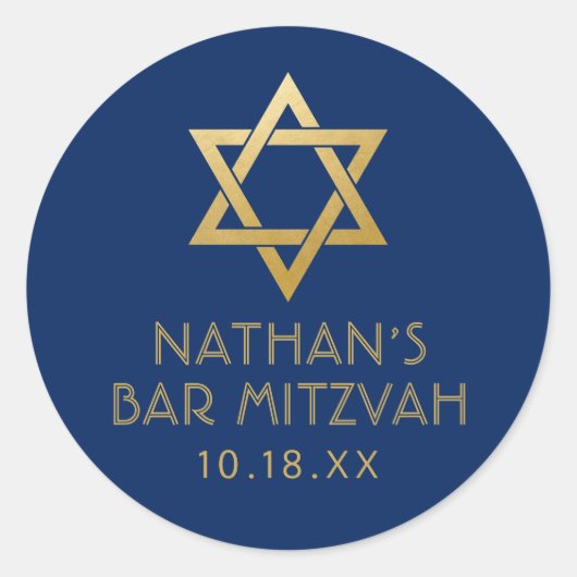 Bar Mitzvah Navy Blue & Gold Star von David Name Runder Aufkleber (Vorderseite)