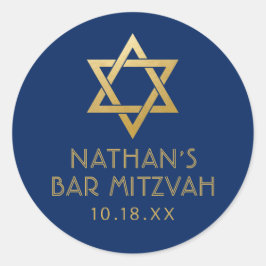 Bar Mitzvah Navy Blue & Gold Star von David Name Runder Aufkleber