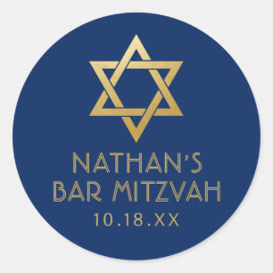 Bar Mitzvah Navy Blue & Gold Star von David Name Runder Aufkleber
