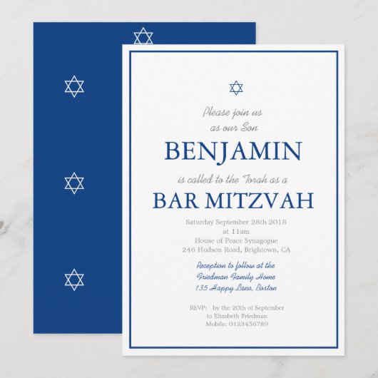 Bar Mitzvah Navy Blue Hebrew Jüdische Einladung (Vorne/Hinten)
