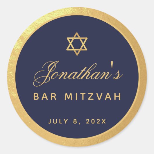 Bar Mitzvah Navy Blue Imitate Gold Elegantes Scrip Runder Aufkleber (Vorderseite)