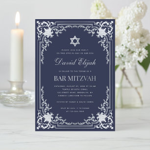 Bar Mitzvah Navy Blue Imitats Silver Elegant Vinta Einladung